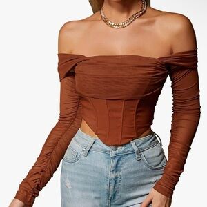 Parthea Mesh Sheer Long Sleeve Corset Crop Top Burnt Orange
